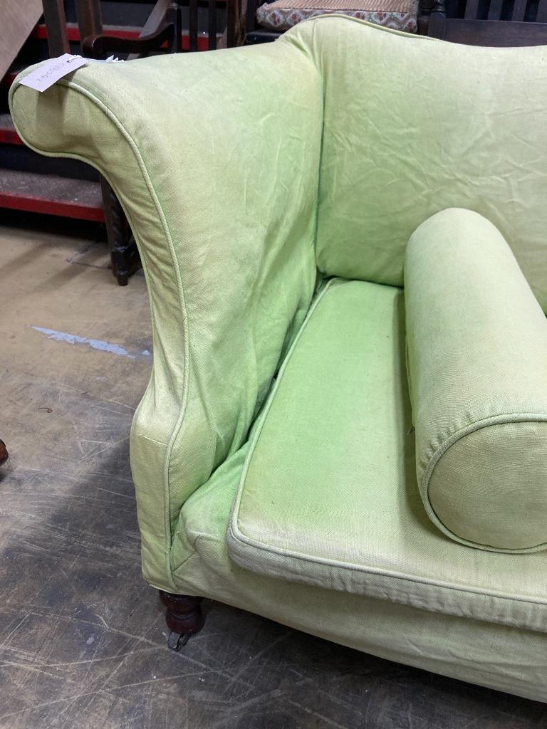 A George III style sofa with pale green loose cover, length 232cm, depth 80cm, height 93cm